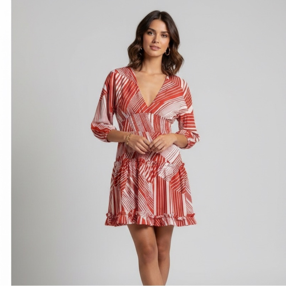 NWT Neiman Marcus Red White Abstract Stripe V-Neck Mini Dress | Size L